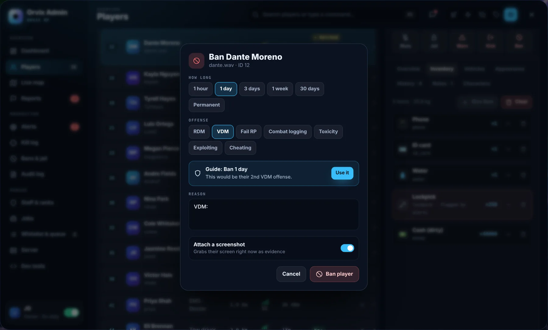 Orvix Admin Ban window: with the punishment guide