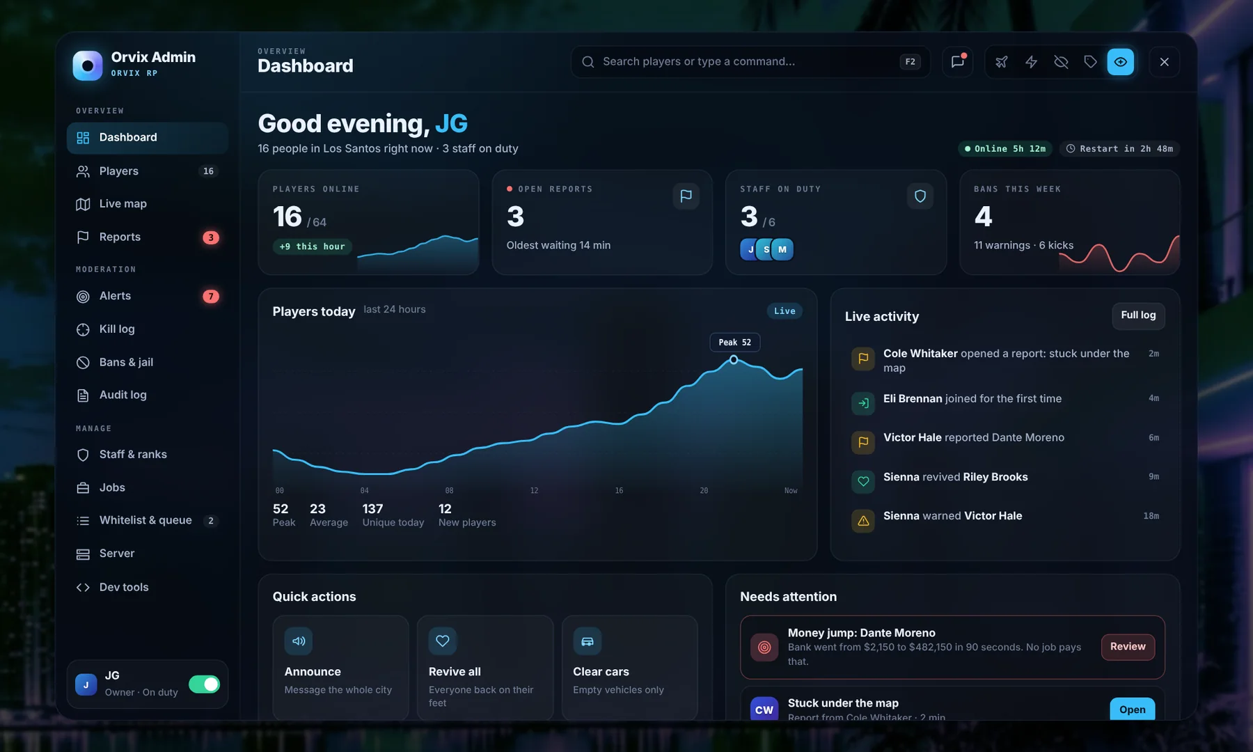 Orvix Admin In game: the panel over the city