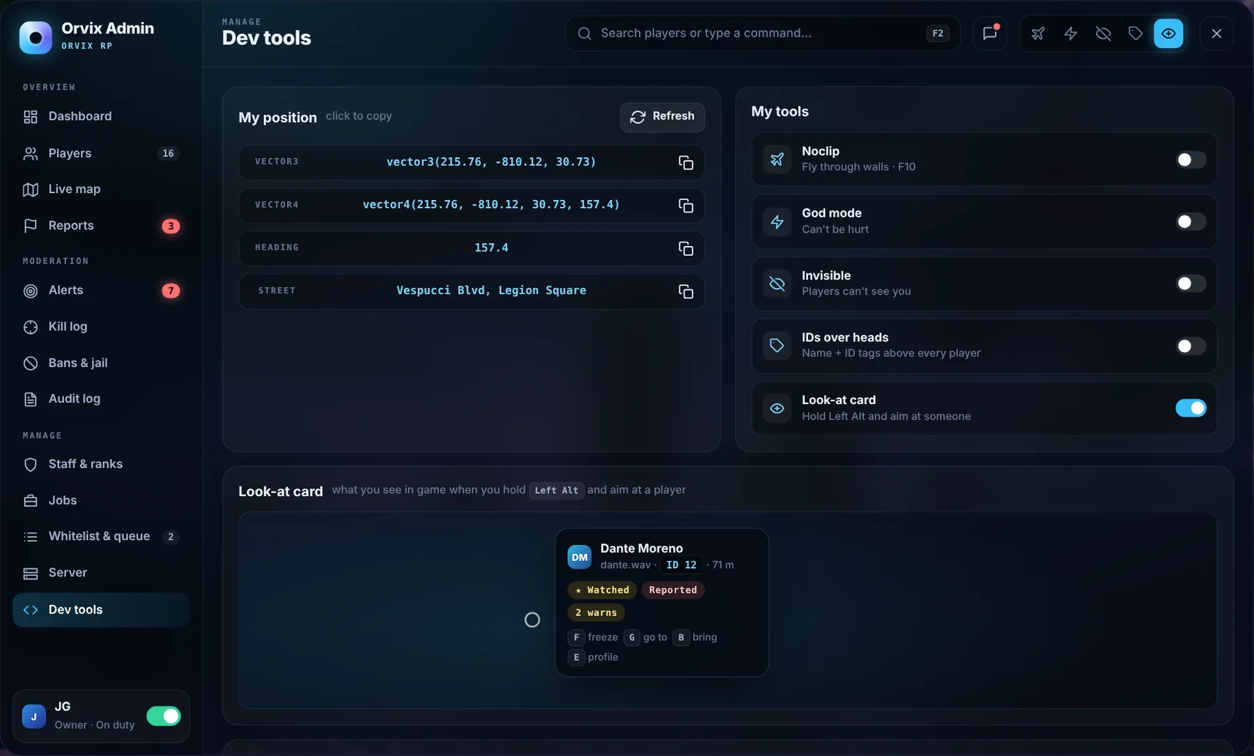 Orvix Admin Dev tools: coords, look-at card, teleports
