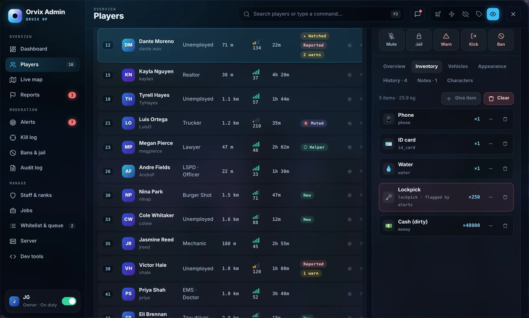 Orvix Admin Inventory: flagged items stand out