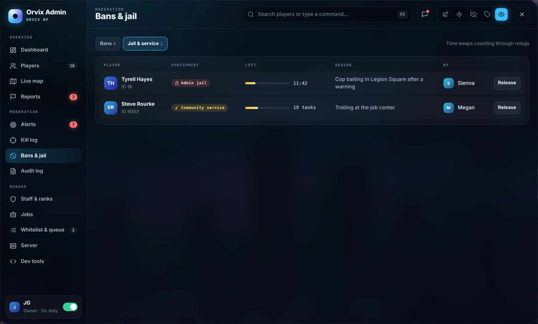Orvix Admin Jail & service: time left for everyone locked up