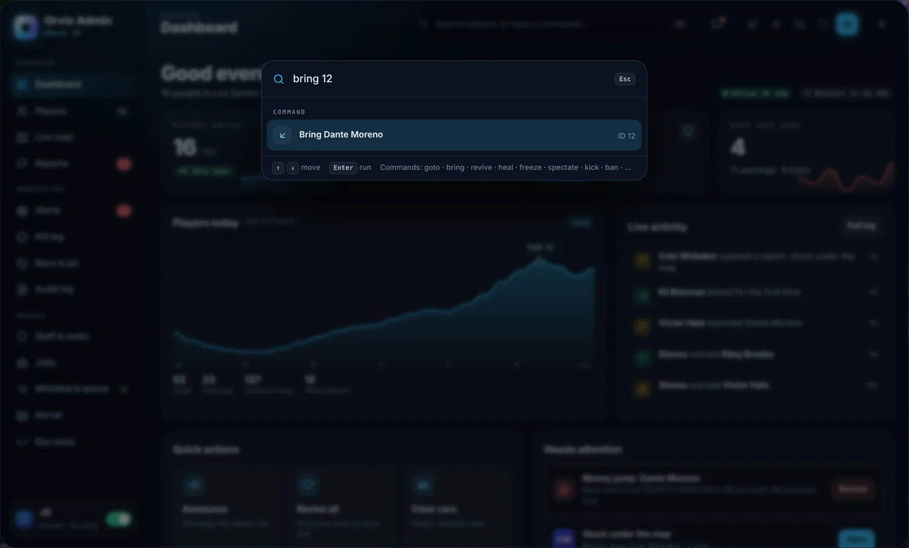 Orvix Admin command search screen