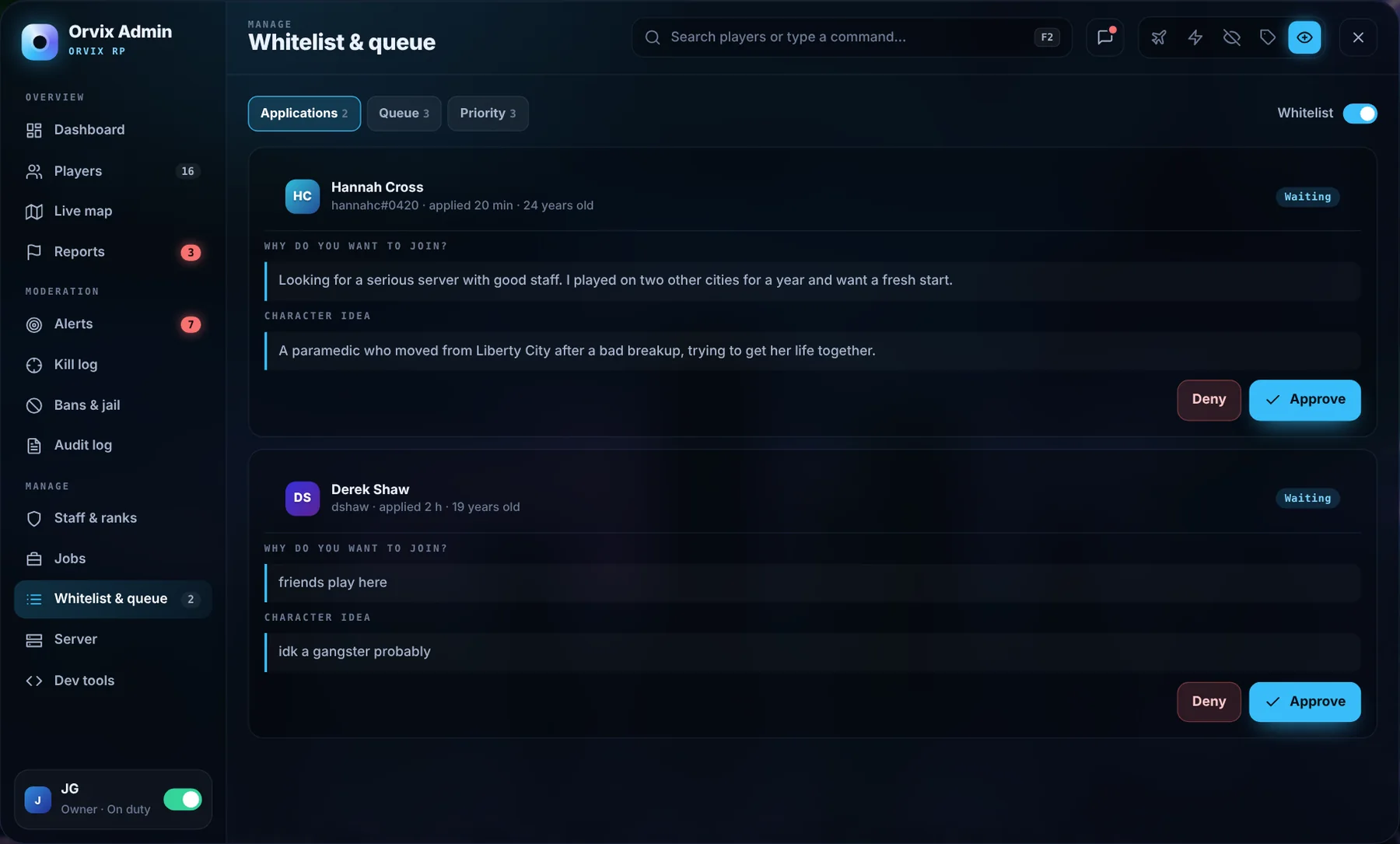 Orvix Admin Whitelist & queue: applications to approve