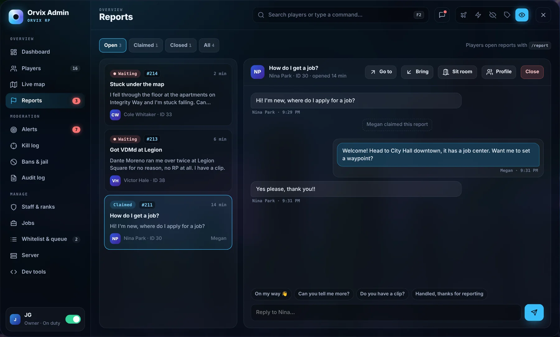 Reports page with a claimed report and chat