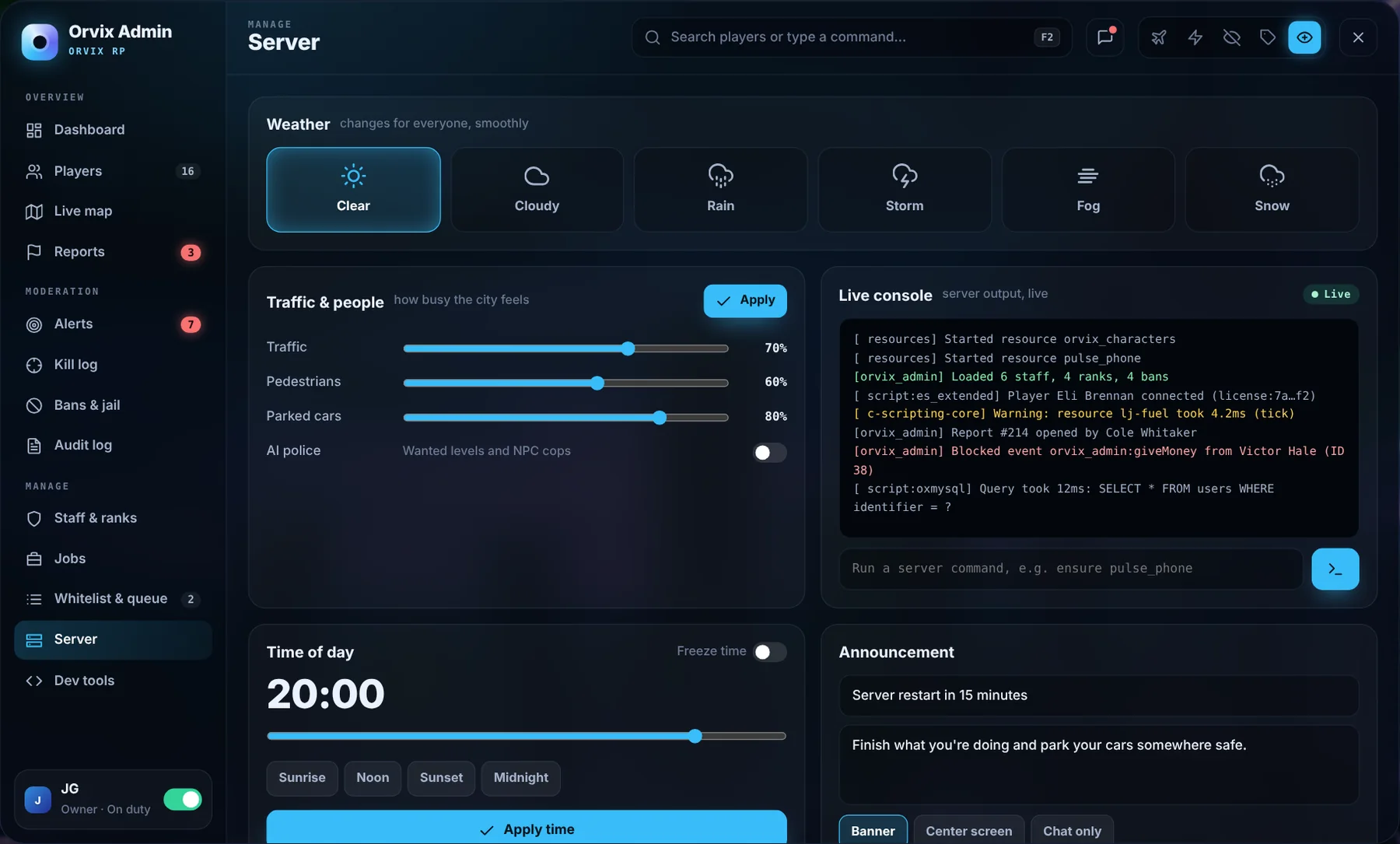 Orvix Admin server screen