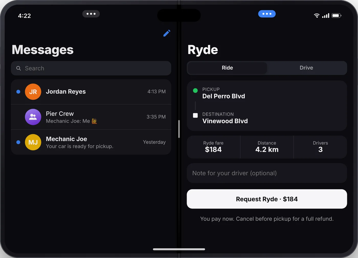 Pulse Fold split view with Messages and Ryde